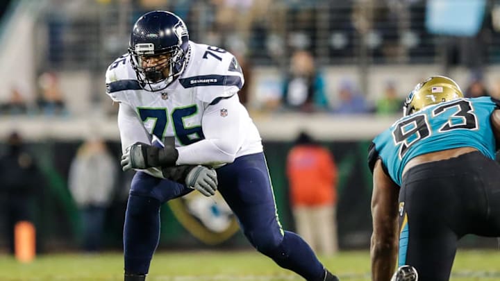 JACKSONVILLE, FL – DECEMBER 10: Seattle Seahawks offensive lineman Duane Brown (76) lines up for a play during the game between the Seattle Seahawks and the Jacksonville Jaguars on December 10, 2017 at EverBank Field in Jacksonville, Fl. (Photo by David Rosenblum/Icon Sportswire via Getty Images)