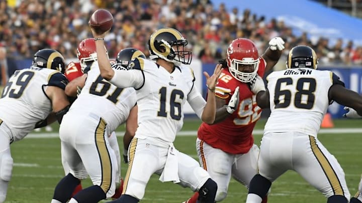 Aug 20, 2016; Los Angeles, CA, USA; Los Angeles Rams quarterback Jared Goff (16) throws the ball during the second quarter against the Kansas City Chiefs at Los Angeles Memorial Coliseum. Mandatory Credit: Richard Mackson-USA TODAY Sports