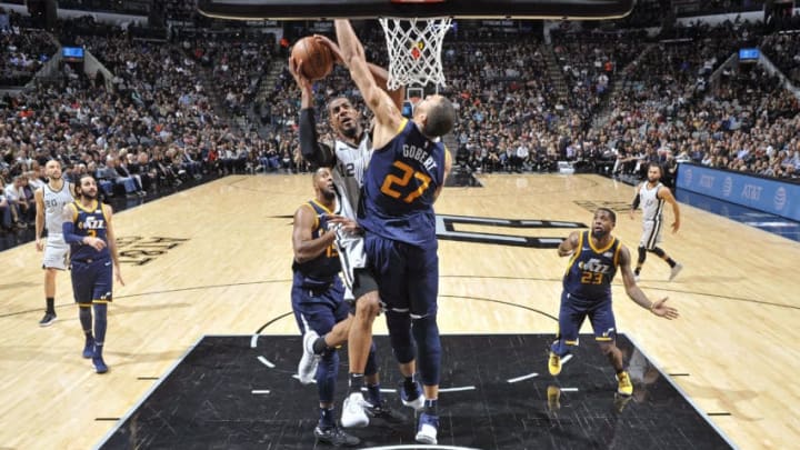SAN ANTONIO, TX - FEBRUARY 3: LaMarcus Aldridge #12 of the San Antonio Spurs shoots the ball during the game against Rudy Gobert #27 of the Utah Jazz during the game between the two teams on February 3, 2018 at the AT&T Center in San Antonio, Texas. Copyright Notice: Copyright 2018 NBAE (Photos by Mark Sobhani/NBAE via Getty Images)