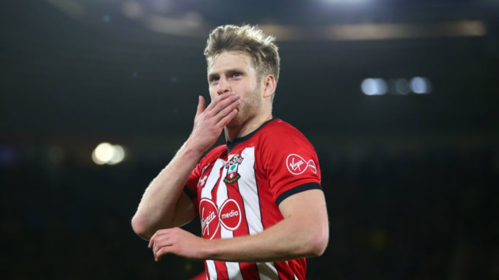 SOUTHAMPTON, ENGLAND - DECEMBER 01: Stuart Armstrong of Southampton celebrates after scoring his team's first goal during the Premier League match between Southampton FC and Manchester United at St Mary's Stadium on December 1, 2018 in Southampton, United Kingdom. (Photo by Dan Istitene/Getty Images)