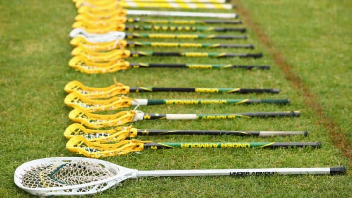 GUILDFORD, ENGLAND - JULY 19: Detail shot of the Australia team's lacrosse sticks during the quarter final match between Australia and Scotland during the 2017 FIL Rathbones Women's Lacrosse World Cup at Surrey Sports Park on July 19, 2017 in Guildford, England. (Photo by Michael Steele/Getty Images)
