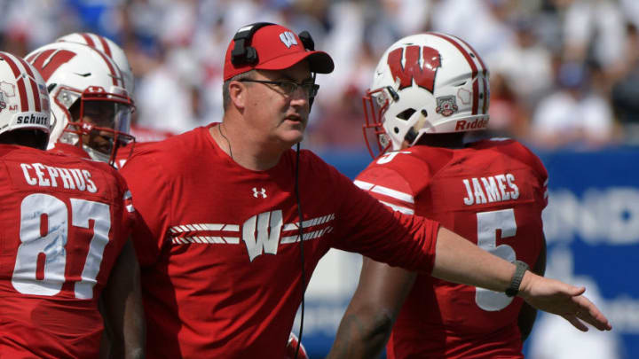 PROVO, UT - SEPTEMBER 16: Head coach Paul Chryst of the Wisconsin Badgers congratulates his team during a game against the BYU Cougars at LaVell Edwards Stadium on September 16, 2017 in Provo, Utah. (Photo by Gene Sweeney Jr/Getty Images)