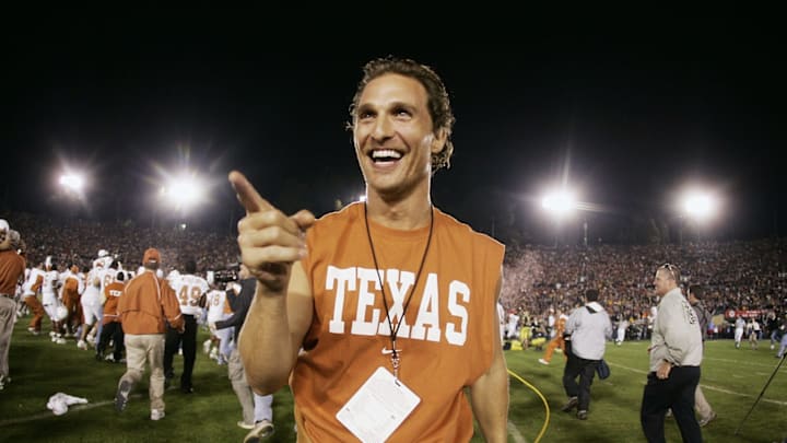 PASADENA, CA – JANUARY 01: Actor Matthew McConaughey celebrates on the field after the Texas Longhorns defeated the Michigan Wolverines in the 91st Rose Bowl Game at the Rose Bowl on January 1, 2005 in Pasadena, California. Texas defeated Michigan 38-37. (Photo by Donald Miralle/Getty Images)