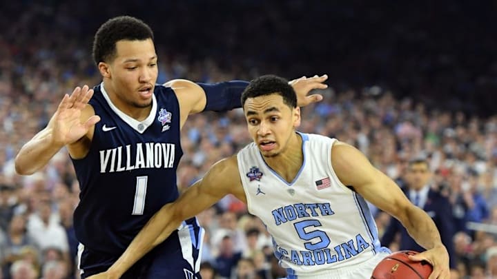 Apr 4, 2016; Houston, TX, USA;North Carolina Tar Heels guard Marcus Paige (5) drives to the basket against Villanova Wildcats guard Jalen Brunson (1) in the second half in the championship game of the 2016 NCAA Men