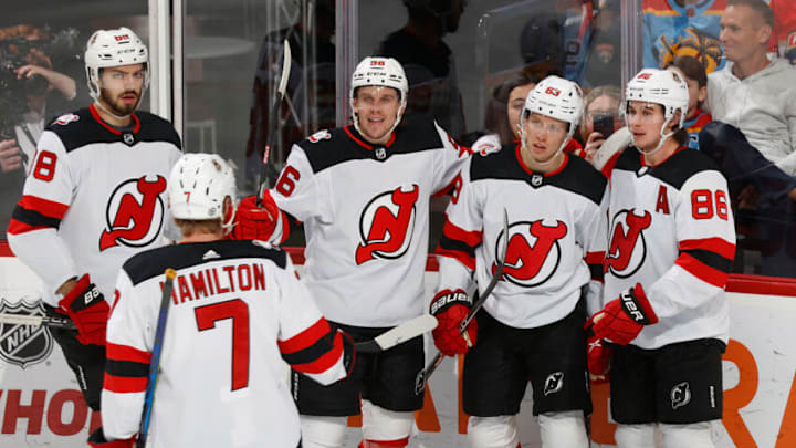 SUNRISE, FL - DECEMBER 21: Jesper Bratt #63 of the New Jersey Devils celebrates his third period goal to tie the game with teammates against the Florida Panthers at the FLA Live Arena on December 21, 2022 in Sunrise, Florida. (Photo by Joel Auerbach/Getty Images)