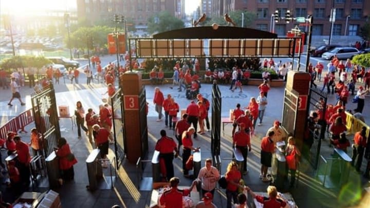 Oct 11, 2013; St. Louis, MO, USA; A general view as fans arrive before game one of the National League Championship Series baseball game between the St. Louis Cardinals and the Los Angeles Dodgers at Busch Stadium. Mandatory Credit: Jeff Curry-USA TODAY Sports