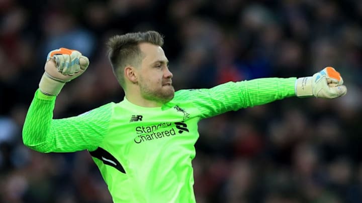 LIVERPOOL, ENGLAND - NOVEMBER 18: Simon Mignolet of Liverpool celebrates his side's opening goal during the Premier League match between Liverpool and Southampton at Anfield on November 18, 2017 in Liverpool, England. (Photo by Jan Kruger/Getty Images)