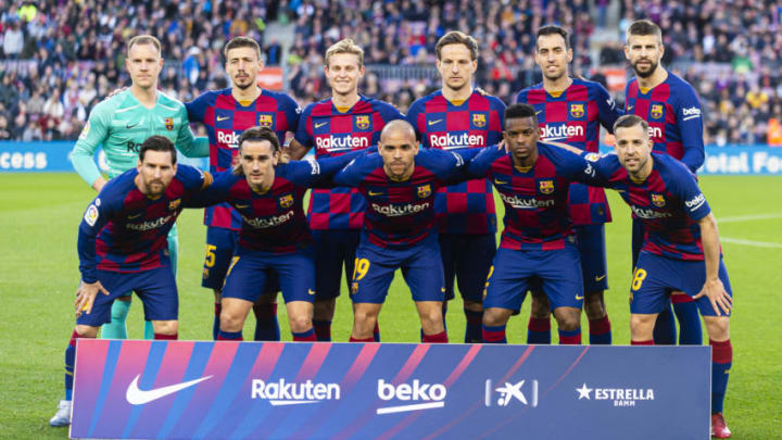 BARCELONA, SPAIN - MARCH 07: (L-R) FC Barcelona squad poses for team photo with Goalkeeper Marc Ter Stegen, Clement Lenglet, Frenkie de Jong, Ivan Rakitic, Sergio Busquets, Gerard Pique, Lionel Messi, Antoine Griezmann, Martin Braithwaite, Nelson Semedo and Jordi Alba during the Liga match between FC Barcelona and Real Sociedad at Camp Nou on March 7, 2020 in Barcelona, Spain. (Photo by Eurasia Sport Images/Getty Images)