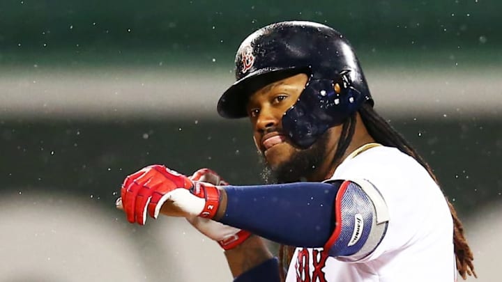 BOSTON, MA - APRIL 30: Hanley Ramirez #13 of the Boston Red Sox reacts after hitting a double in the third inning of a game against the Kansas City Royals at Fenway Park on April 30, 2018 in Boston, Massachusetts. (Photo by Adam Glanzman/Getty Images)