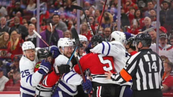 CHICAGO, ILLINOIS – OCTOBER 27: An altercation breaks out between the Chicago Blackhawks and the Toronto Maple Leafsin the second period at the United Center on October 27, 2021 in Chicago, Illinois. (Photo by Jonathan Daniel/Getty Images)