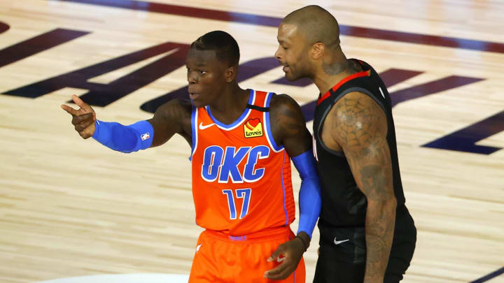 LAKE BUENA VISTA, FLORIDA – AUGUST 29: P.J. Tucker #17 of the Houston Rockets gets ready to head butt Dennis Schroder #17 of the Oklahoma City Thunder. (Photo by Kevin C. Cox/Getty Images)