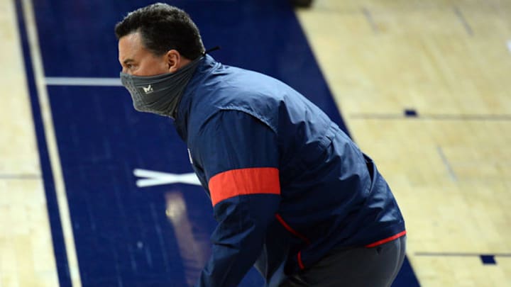 Nov 27, 2020; Tucson, Arizona, USA; Arizona Wildcats head coach Sean Miller reacts against the Grambling State Tigers during the first half at McKale Center. Mandatory Credit: Joe Camporeale-USA TODAY Sports