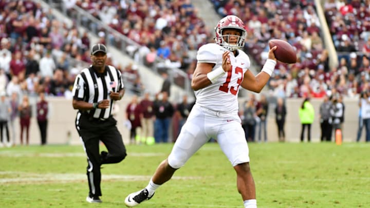 COLLEGE STATION, TEXAS - OCTOBER 12: Quarterback Tua Tagovailoa #13 of the Alabama Crimson Tide passes against Texas A&M Aggies at Kyle Field on October 12, 2019 in College Station, Texas. (Photo by Logan Riely/Getty Images)
