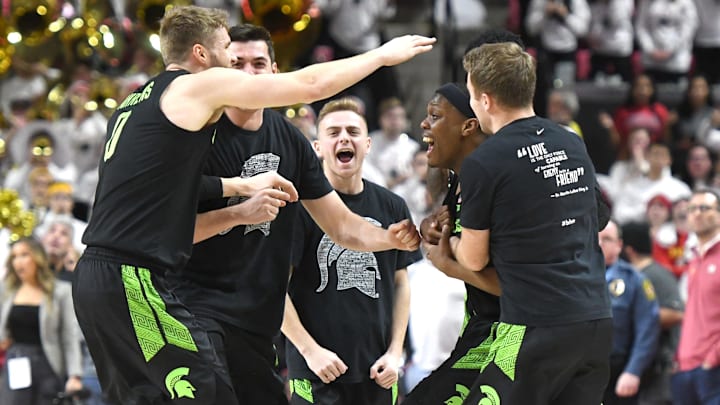 COLLEGE PARK, MD – FEBRUARY 29: Cassius Winston #5 of the Michigan State Spartans celebrates a shot with teammates during a college basketball game against the Maryland Terrapins at the Xfinity Center on February 29, 2020 in College Park, Maryland. (Photo by Mitchell Layton/Getty Images)