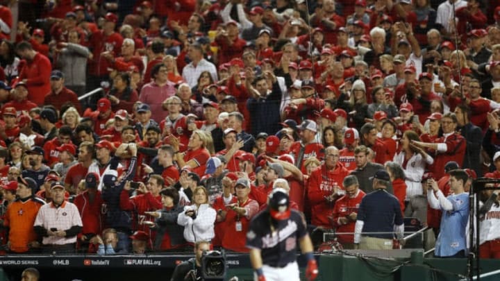 WASHINGTON, DC - OCTOBER 25: Fans react to the tune of "Baby Shark" as Gerardo Parra #88 of the Washington Nationals bats in the sixth inning during Game 3 of the 2019 World Series between the Houston Astros and the Washington Nationals at Nationals Park on Friday, October 25, 2019 in Washington, District of Columbia. (Photo by Rob Tringali/MLB Photos via Getty Images)