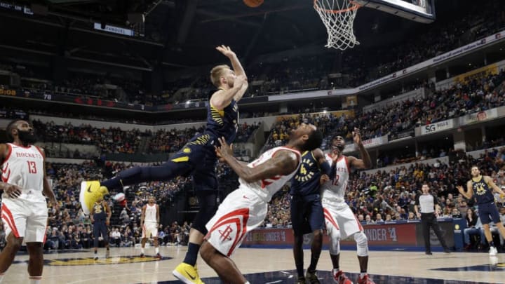 INDIANAPOLIS, IN - NOVEMBER 12: Domantas Sabonis #11 of the Indiana Pacers goes to the basket against the Houston Rockets on November 12, 2017 at Bankers Life Fieldhouse in Indianapolis, Indiana. NOTE TO USER: User expressly acknowledges and agrees that, by downloading and or using this Photograph, user is consenting to the terms and conditions of the Getty Images License Agreement. Mandatory Copyright Notice: Copyright 2017 NBAE (Photo by NBA Photos/NBAE via Getty Images)