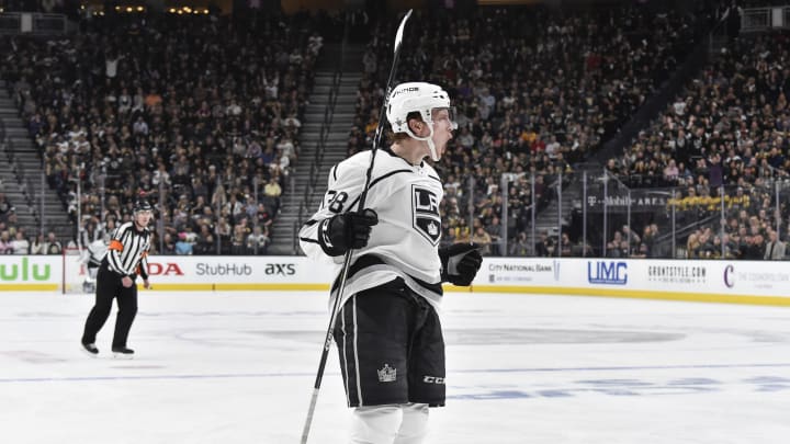 LAS VEGAS, NV – APRIL 13: Paul LaDue #38 of the Los Angeles Kings celebrates after scoring a goal against the Vegas Golden Knights in Game Two of the Western Conference First Round during the 2018 NHL Stanley Cup Playoffs at T-Mobile Arena on April 13, 2018 in Las Vegas, Nevada. (Photo by Jeff Bottari/NHLI via Getty Images)