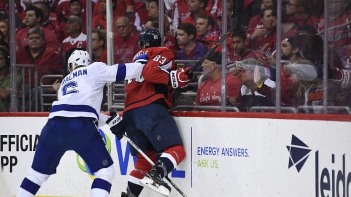 WASHINGTON, DC - MAY 21: Anton Stralman #6 of the Tampa Bay Lightning and Jay Beagle #83 of the Washington Capitals collide in the first period in Game Six of the Eastern Conference Final during the 2018 NHL Stanley Cup Playoffs at Capital One Arena on May 21, 2018 in Washington, DC. (Photo by Patrick McDermott/NHLI via Getty Images)