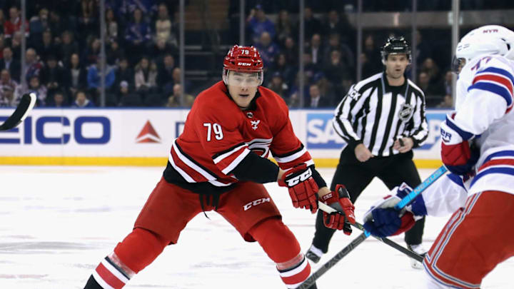 NEW YORK, NEW YORK – FEBRUARY 08: Micheal Ferland #79 of the Carolina Hurricanes skates against the New York Rangers at Madison Square Garden on February 08, 2019 in New York City. The Hurricanes shut-out the Rangers 3-0. (Photo by Bruce Bennett/Getty Images)