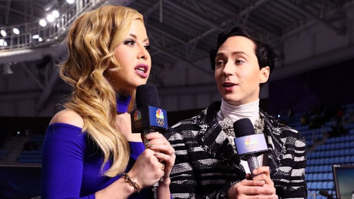 GANGNEUNG, SOUTH KOREA - FEBRUARY 14: Figure skating announcers Tara Lipinski and Johnny Weir prepare for the start of the Pair Skating Short Program on day five of the PyeongChang 2018 Winter Olympics at Gangneung Ice Arena on February 14, 2018 in Gangneung, South Korea. (Photo by Jamie Squire/Getty Images)
