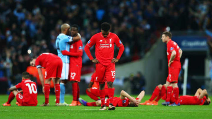 LONDON, ENGLAND – FEBRUARY 28: Daniel Sturridge of Liverpool (15) and team mates look dejected in defeat after the Capital One Cup Final match between Liverpool and Manchester City at Wembley Stadium on February 28, 2016 in London, England. Manchester City win 3-1 on penalties. (Photo by Clive Brunskill/Getty Images)