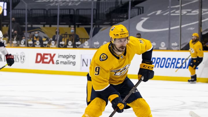 NASHVILLE, TN – JANUARY 14: Filip Forsberg #9 of the Nashville Predators  (Photo by Brett Carlsen/Getty Images)