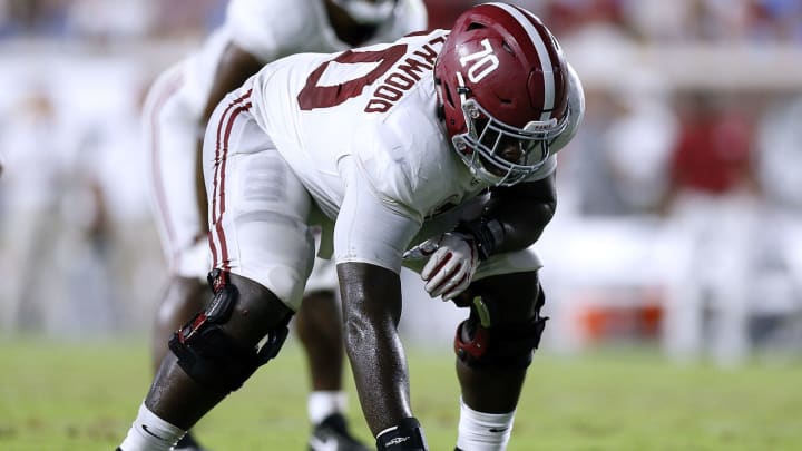 OXFORD, MS – SEPTEMBER 15: Alex Leatherwood #70 of the Alabama Crimson Tide guards during a game against the Mississippi Rebels at Vaught-Hemingway Stadium on September 15, 2018 in Oxford, Mississippi. (Photo by Jonathan Bachman/Getty Images)