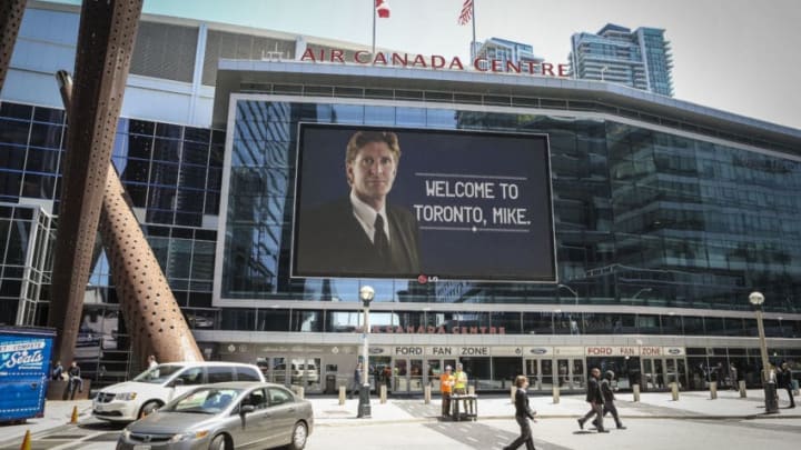 TORONTO, ON- MAY 21 - The video board outside the ACC on Maple Leaf Square welcomes Mike Babcock as he is introduced to Toronto at a press conference at the Air Canada Centre May 21, 2015 (David Cooper/Toronto Star via Getty Images)