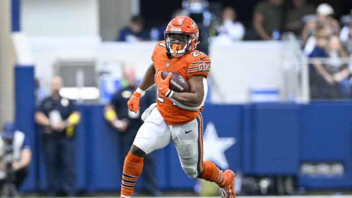 Oct 30, 2022; Arlington, Texas, USA; Chicago Bears running back Khalil Herbert (24) in action during the game between the Dallas Cowboys and the Chicago Bears at AT&T Stadium. Mandatory Credit: Jerome Miron-USA TODAY Sports