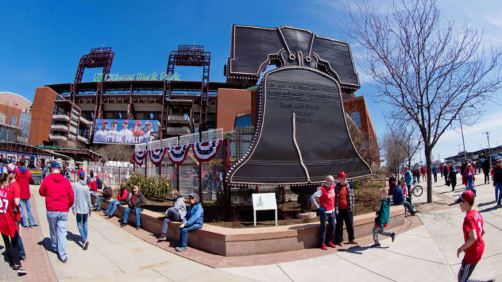 Mar 28, 2019; Philadelphia, PA, USA; Fans pose by a giant liberty bell outside Citizens Bank Park before the opening day game between the Philadelphia Phillies and the Atlanta Braves. Mandatory Credit: Bill Streicher-USA TODAY Sports