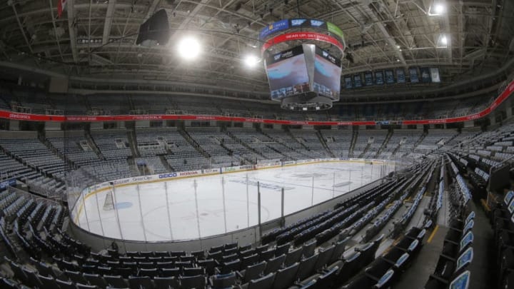 SAN JOSE, CA - APRIL 18: A general shot of the arena prior to the game between the Anaheim Ducks and San Jose Sharks in Game Four of the Western Conference First Round during the 2018 NHL Stanley Cup Playoffs at SAP Center on April 18, 2018 in San Jose, California. (Photo by Rocky W. Widner/NHL/Getty Images) *** Local Caption ***