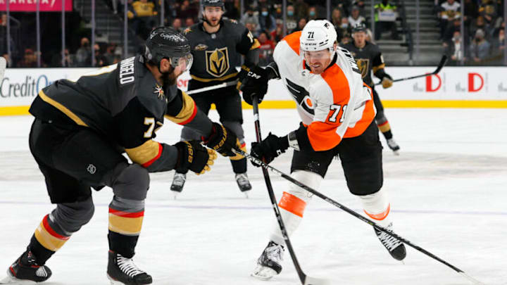 LAS VEGAS, NEVADA - DECEMBER 10: Max Willman #71 of the Philadelphia Flyers shoots against Alex Pietrangelo #7 of the Vegas Golden Knights in the first period of their game at T-Mobile Arena on December 10, 2021 in Las Vegas, Nevada. (Photo by Ethan Miller/Getty Images)