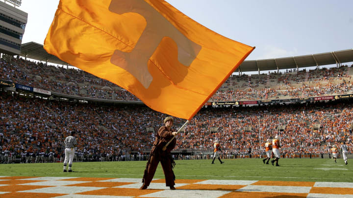 KNOXVILLE, TN – OCTOBER 01: The Volunteer mascot waves the flag in the edzone after a Tennessee touchdown as the Tennessee Volunteers defeated the Mississippi Rebels 27-10 at Neyland Stadium on October 1, 2005 in Knoxville, Tennessee. (Photo by Doug Pensinger/Getty Images)