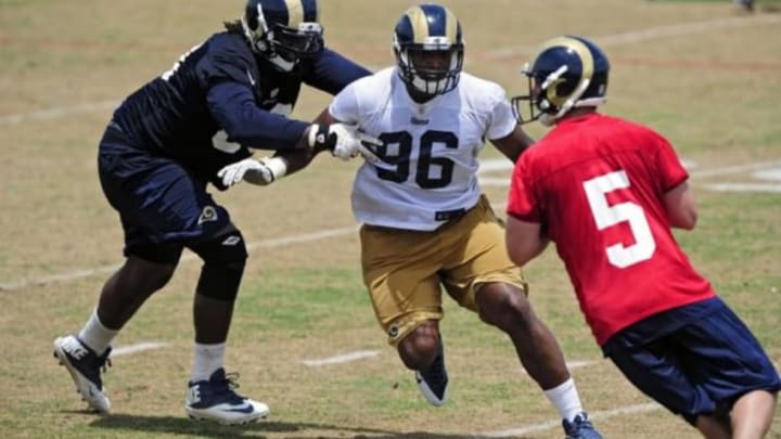 Jun 17, 2014; St. Louis, MO, USA; St. Louis Rams defensive end Michael Sam (96) runs through drills during minicamp at Rams Park. Mandatory Credit: Jeff Curry-USA TODAY Sports