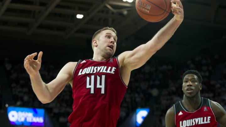 DALLAS, TX – FEBRUARY 5: Stephan Van Treese #44 of the Louisville Cardinals grabs a rebound against the SMU Mustangs on February 5, 2014 at Moody Coliseum in Dallas, Texas. (Photo by Cooper Neill/Getty Images)