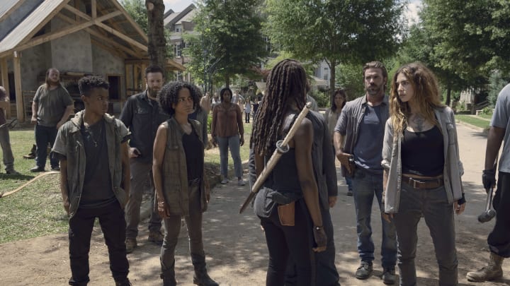 Danai Gurira as Michonne, Angel Theory as Kelly, Lauren Ridloff as Connie, Nadia Hilker as Magna - The Walking Dead _ Season 9, Episode 6 - Photo Credit: Gene Page/AMC