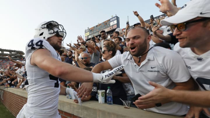 Sep 17, 2022; Auburn, Alabama, USA; Penn State Nittany Lions tight end Tyler Warren (44) celebrates with fans after a victory over the Auburn Tigers at Jordan-Hare Stadium. Mandatory Credit: John Reed-USA TODAY Sports