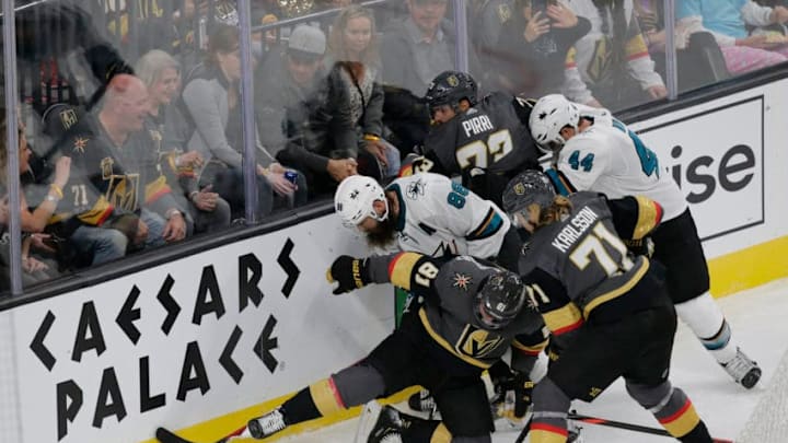 LAS VEGAS, NV - OCTOBER 02: Vegas Golden Knights center Jonathan Marchessault (81) fights for control of the puck during a regular season game Wednesday, Oct. 2, 2019, at T-Mobile Arena in Las Vegas, Nevada. (Photo by: Marc Sanchez/Icon Sportswire via Getty Images)