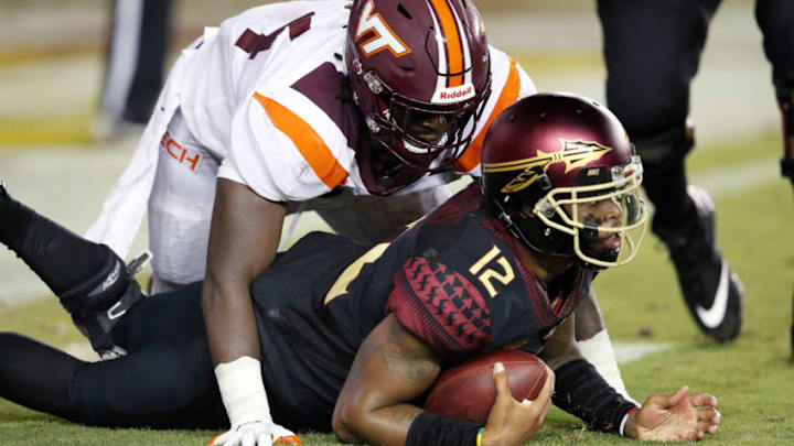TALLAHASSEE, FL - SEPTEMBER 03: Deondre Francois #12 of the Florida State Seminoles reacts after being sacked by Trevon Hill #94 of the Virginia Tech Hokies in the second quarter of the game at Doak Campbell Stadium on September 3, 2018 in Tallahassee, Florida. (Photo by Joe Robbins/Getty Images)