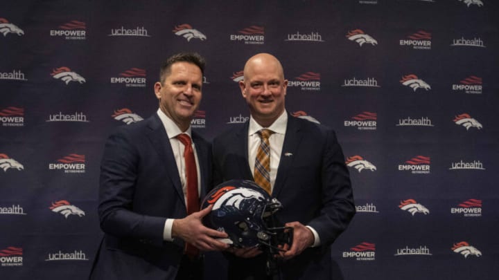 Jan 28, 2022; Englewood, CO, USA; Denver Broncos GM George Paton with Nathaniel Hackett after announcing him as the club’s head coach at a press conference at UC Health Training Center. Mandatory Credit: John Leyba-USA TODAY Sports