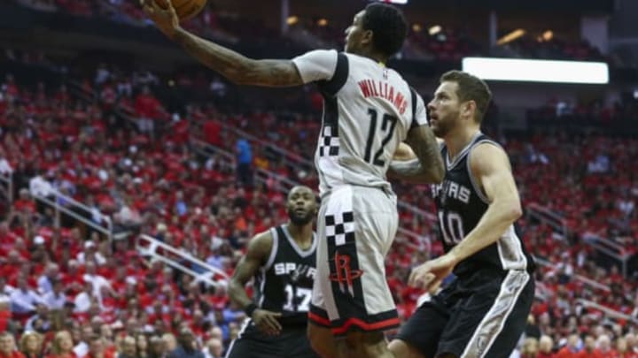 May 11, 2017; Houston, TX, USA; Houston Rockets guard Lou Williams (12) shoots the ball during the second quarter as San Antonio Spurs forward David Lee (10) defends in game six of the second round of the 2017 NBA Playoffs at Toyota Center. Mandatory Credit: Troy Taormina-USA TODAY Sports