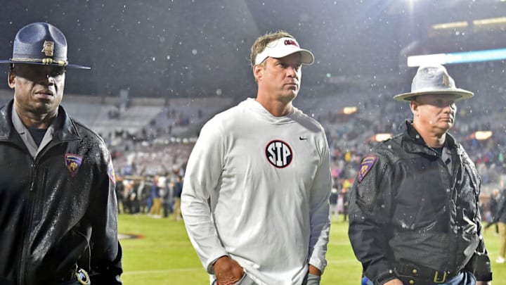 OXFORD, MISSISSIPPI - NOVEMBER 24: Head coach Lane Kiffin of the Mississippi Rebels looks on after the game against the Mississippi State Bulldogs at Vaught-Hemingway Stadium on November 24, 2022 in Oxford, Mississippi. (Photo by Justin Ford/Getty Images)