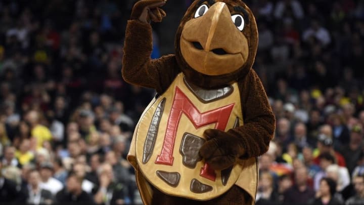 March 20, 2016; Spokane , WA, USA; Maryland Terrapins mascot on court during a stoppage in play during the first half in the second round of the 2016 NCAA Tournament at Spokane Veterans Memorial Arena. Mandatory Credit: Kyle Terada-USA TODAY Sports