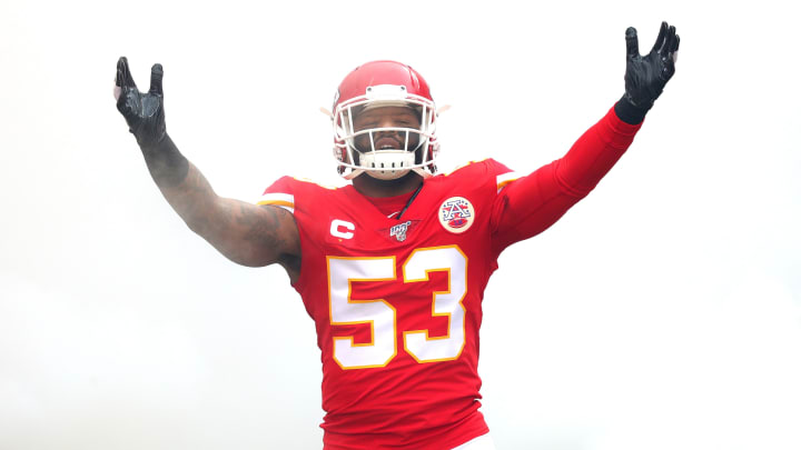 KANSAS CITY, MISSOURI – JANUARY 12: Anthony Hitchens #53 of the Kansas City Chiefs is introduced prior to the AFC Divisional playoff game against the Houston Texans at Arrowhead Stadium on January 12, 2020 in Kansas City, Missouri. (Photo by Tom Pennington/Getty Images)