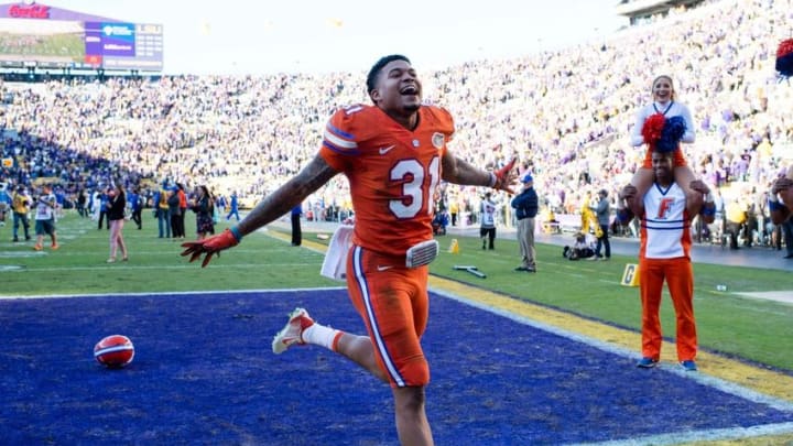 Nov 19, 2016; Baton Rouge, LA, USA; Florida Gators defensive back Teez Tabor (31) celebrates the win over the LSU Tigers at Tiger Stadium. The Gators defeat the Tigers 16-10. Mandatory Credit: Jerome Miron-USA TODAY Sports