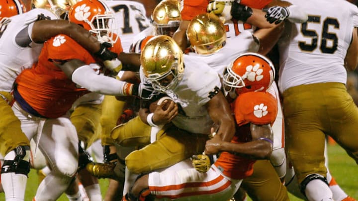 CLEMSON, SC - OCTOBER 3: DeShone Kizer #14 of the Notre Dame Fighting Irish is sacked during the game against the Clemson Tigers at Clemson Memorial Stadium on October 3, 2015 in Clemson, South Carolina. (Photo by Tyler Smith/Getty Images)