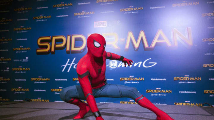 SINGAPORE - JUNE 07: Spider-Man poses at the 'Spider-Man: Homecoming' red carpet fan event at Marina Bay Sands on June 7, 2017 in Singapore. (Photo by Ore Huiying/Getty Images for Sony Pictures)