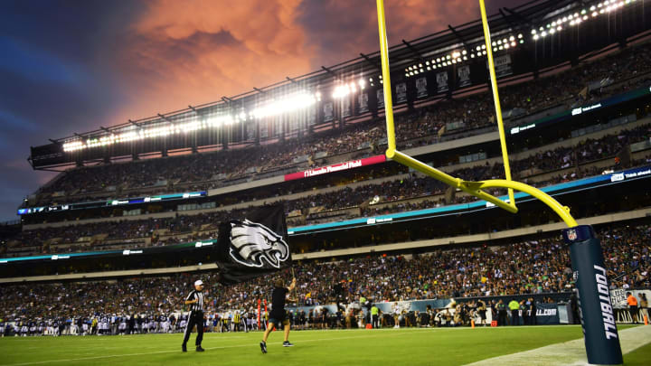 PHILADELPHIA, PA – AUGUST 08: A Philadelphia Eagles flag-bearer flies the team logo after the first score of the game against the Tennessee Titans during the first quarter of a preseason game at Lincoln Financial Field on August 8, 2019, in Philadelphia, Pennsylvania. (Photo by Corey Perrine/Getty Images)