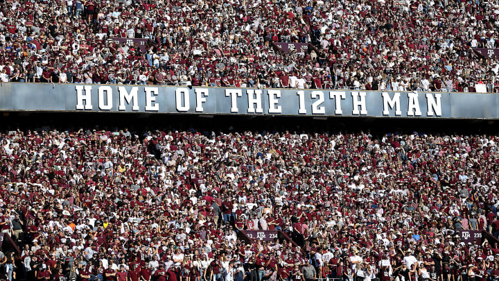 COLLEGE STATION, TEXAS – NOVEMBER 06: Texas A&M Aggies student section against the Auburn Tigers at Kyle Field on November 06, 2021 in College Station, Texas. (Photo by Bob Levey/Getty Images)