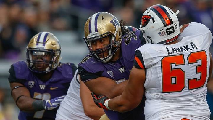 SEATTLE, WA - OCTOBER 22: Defensive lineman Vita Vea #50 of the Washington Huskies battles guard Gus Lavaka #63 of the Oregon State Beavers on October 22, 2016 at Husky Stadium in Seattle, Washington. (Photo by Otto Greule Jr/Getty Images) SEATTLE, WA - OCTOBER 22: Defensive lineman Vita Vea #50 of the Washington Huskies battles guard Gus Lavaka #63 of the Oregon State Beavers on October 22, 2016 at Husky Stadium in Seattle, Washington. (Photo by Otto Greule Jr/Getty Images)